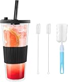 2er-Set Plastikbecher mit Deckel und Strohhalm, 710ml Bubble Tea Becher mit Reinigungsset, MehrWegbecher Trinkbecher, Doppelwandiger Lsolierbecher für Eiskaffee, als Geschenk für Urlaub und Reisen
