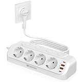 Tischsteckdose mit USB C 20W, 4 Fach Ecksteckdose Flachstecker, 8 in 1 Steckdosenleiste mit 4 USB Mehrfachstecker, 4-Fach Schaltbar, Steckdosenleiste, Weiß, 3M Kabel