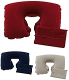 Preiswert&Gut 3 x Reise Nackenkissen – Nackenstützkissen für zb. Flugzeug, Auto & Zug – Material PVC, Leicht (80 g), Abmessungen 35 x 23 x 9 cm – Farben Blau, Rot, Grau