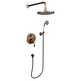 MESOVFCA Vintage Retro Antik Messing Badezimmer Regendusche Wasserhahn Set Mischbatterie Wandmontage 8' Regenduschkopf Handbrause Mischbatterie Duschsystem Set mit Duschkopf und Duschschlauch
