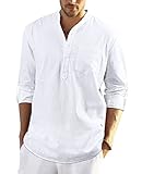 Enlision Weiß Leinenhemd Herren Hemd Langarm Sommerhemd Herren Regular Fit Freizeithemd mit Brusttasche Henley Shirt XL