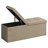 SONGMICS Sitzbank mit Stauraum, klappbare Sitztruhe, Aufbewahrungsbox, 38 x 110 x 38 cm, Deckel klappbar, bis 300 kg belastbar, für Flur, Wohnzimmer, Schlafzimmer, Kamelbraun LSF076K01