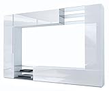 Vladon Wohnwand Mirage, Made in Germany, Anbauwand mit Rückwand mit 2 Türen, 2 Klappen und 6 offenen Glasablagen, Weiß matt/Weiß Hochglanz (262 x 183 x 39 cm)