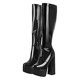 Only maker Damen Plateau Stiefel Langschaft Stretch Stiefel mit Blockabsatz Reißverschluss Knee High Boots Lack Schwarz 43 EU
