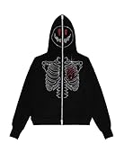 AQQYA Herren Damen Skelett Reißverschluss Strass Kapuzenpullover Gothic Y2K Jacke Grunge Punk Dunkel E-Girl Hoodie, Stil 2, XXL