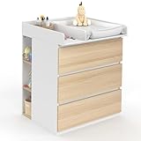 IDMarket - Wickelkommode, erweiterbar, bernsteinfarben in Buche-Optik und Weiß, 3 Schubladen, Wickeltisch und 2 herausnehmbare Einlegeböden