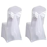 JOYOLA 2 Stück Stuhlhussen Weiss, Weiß Universell Stuhlbezüge Abnehmbarer Waschbarer Hochzeit Stuhlbezug Stretch Stuhlhussen Stuhlhussen mit 2 Weiß Schleifen für Hochzeit, Bankett und Party