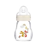 MAM Feel Good Babyflasche aus Glas (170 ml), Milchflasche mit weiter Öffnung, stabile Baby Trinkflasche mit Sauger Gr. 1, ab der Geburt, Hase/Fuchs
