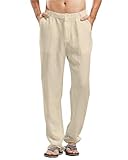 LVCBL Herren Leinenhose Lange Weite Sommerhose Regular Fit Lockere lässige Strandhosen Khaki M