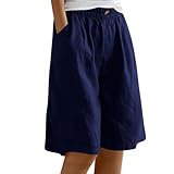 Damen Sommer Kurz Hose Baumwolle Leinen Baggy Sport Shorts Casual Freizeit Leichte Elastische Outdoorhose Knielange Wandershorts mit Taschen Laufhose für Running Gym Fitness Cargohose (Z1-Navy, XXXL)