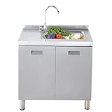 OIJKLA Freistehende Küchenspüle mit drehbarem Wasserhahn, gewerblicher Spülenschrank aus Edelstahl 304 mit Einzelbecken und Abtropffläche, hohe Tragfähigkeit