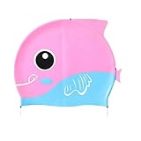 GCYEIDMA Schwimmkappe Badekappen, niedlicher Cartoon-Dinosaurier, for Kinder, Jungen und Mädchen, Badekappe, weiches Silikon, hochelastisch, wasserdicht, Kinder-Badekappe Badekappen(Pink Blue M)