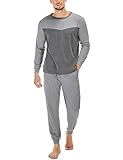 Marvmys Schlafanzug Herren Lang Baumwolle Winter Sleepwear Pyjamaset Schlafanzüge Langarm Shirt mit Bündchen Pyjamahose mit Tasche und Bündchen A-Dunkelgrau XXL