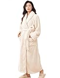 LOCIIXAT Damen-Bademantel aus weichem und warmem Teddy-Fleece, lang, Plüsch-Bademantel für Frauen, Cremefarben/geschnitzter Kragen, 10-14