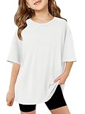 Haloumoning Mädchen T-Shirt Kurzarm Kinder Sommer Oversized Tops Rundhals Lässige Oberteile Freizeit Sport Shirts Einfarbig Basic Tshirts für Mädchen 5-14 Jahre Weiß 150
