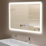 YOURLITE Badspiegel mit Beleuchtung LED 80x60cm, Badezimmerspiegel mit Touch Schalter, Einstellbare Helligkeit, mit Zeit- und Temperaturanzeige, Beschlagfrei, Ip44