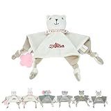 Personalisiertes Baby Schnuffeltuch mit Namen Beißring aus Silikon & Glöckchen Superweiches Kuscheltier Schmusetuch 27×27 cm Geschenk für Neugeborene Jungen Mädchen (Style 1)