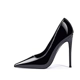 GENSHUO Stiletto High Heels Damen,Sexy High Heels 12cm Absatz Spitz Stiletto Pumps Schwarz Lack,BKK-41 EU