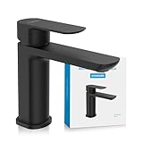 Bächlein Badarmatur Mizarela in klassischem Design, Einhebelmischer mit langlebiger Keramikkartusche und Montage-Set, Bad Wasserhahn Matt Schwarz - flacher Auslauf