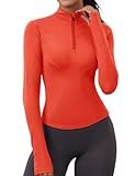iWoo T-Shirt Damen Gym Top Sportshirt Atmungsativ Langarmshirt Half Zip Sportjacke Sweatshirt Laufshirt mit Halbem Reißverschluss und Daumenloch Orange S