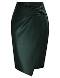 Kate Kasin Damen Hohe Taille Lederrock Bodycon Knielange Geraffte Büro-Bleistiftröcke Dunkelgrün L