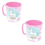damaloo 2x Einhorn Trinkbecher für Kinder mit Henkel 390ml & BPA frei - Einhorn Kinder Becher für Kindergarten - Camping Becher mit Henkel - Baby Trinkbecher mit Henkel, Plastik Kinderbecher 2er Set