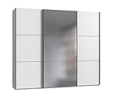 Moderner 3-türiger Schwebetürenschrank B/H/T 250/216/65 cm Weiß mit Spiegel und schwarzen Griffleisten, inkl. Selbsteinzug, Einlegeböden, Kleiderstangen, Schubladen, Wäscheeinteilung / 22013
