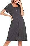 Lovasy Still Nachthemd Damen Kurzarm Schlafshirt mit Knöpfen Nursing Nachthemd Schwangerschaft Geburt Nachtkleid Nachtwäsche,Dunkelgrau,L