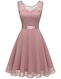 BeryLove Damen Spitzenkleid Brautjungfer Elegant Party Knielang Cocktailkleid Chiffon Ärmellos BLP7005B-BlushL