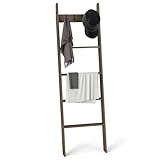 COSTWAY Handtuchleiter Bambus, Leiterregal Handtuchhalter mit 4 Haken, 5 Sprossen und Anti-Kipp-Gurten, Deckenleiter für Wohnzimmer, Badezimmer, Handtuchständer braun 43 x 8 x 148 cm