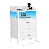 Hzuaneri Nachttisch mit LED-Leuchten und Ladestation, Beistelltisch mit 3 Stoff-Schubladen und Regalen, mit USB-Anschlüssen & Steckdosen, für Schlafzimmer, Wohnzimmer, Weiß NS31013W