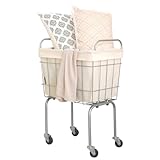 SHIMOYAMA Wäschewagen, 38 L Wäschekorb mit Rädern, 360° Rollender Wäschesammler mit Carbonstahl-Rahmen & abnehmbarem Baumwollbeutel für Waschküche, Bad, Schlafzimmer (Cremeweiß)