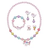 OSDUE 6 Stück Einhorn Schmuckset Mädchen, Einhorn Kinderschmuck Enthalten Halskette, Ringe, Armbänder, Ohrring, Einhorn Kinderschmuck Set für Party Dress Up Geschenk