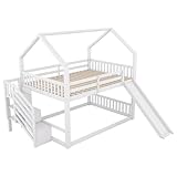 Azkoeesy Etagenbett 140x200 mit Rutsche, Kinderbett Hausbett mit Rutsche, mit Treppe, mit Stauraum, Lattenrost, für 4 Kinder und Erwachsene, Kiefernholz, Weiß
