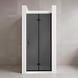 Duschtür Faltbar, 79-80 x 195 cm Duschfalttür, 6mm ESG graues Sicherheitsglas mit Splitterschutz & Easy-Clean, Schwarz Matt Duschglastür, Wasserabweisend Duschabtrennung