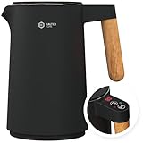 BALTER Edelstahl Wasserkocher mit Temperatureinstellung, 45°C-100°C, Doppelwand, BPA frei, leise & kabellos, Warmhaltefunktion, Teekocher mit Temperaturanzeige, 1.5L, 2200W, Schwarz