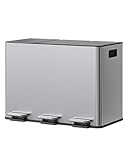 GarveeHome Mülleimer Küche, 3 x 15 L, Mülltrennsystem 3 Fächer, Edelstahl-Tretmülleimer mit 3 getrennten Fußpedalen, Soft-Close-Deckel, für Recycling & Biomüll, herausnehmbare Inneneimer, Silber