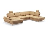 Cavadore Wohnlandschaft Castiel mit Federkern / Sofalandschaft mit XL-Longchair, Sitztiefenverstellung, Kopfstützen und satinierten Metallfüßen / 363 x 89-104 x 223 / Echtleder, Beige