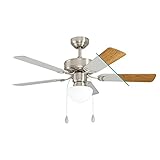 EGLO Deckenventilator CADIZ, 5 Flügel Ventilator mit Licht, Zugkette, Wendeflügel aus MDF in Silber oder Eiche, Gehäuse aus Stahl in Nickel-Matt, Sommer Winter Betrieb, AC Motor, Ø 106,6cm