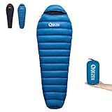QEZER Daunenschlafsack für Erwachsene and Kind, leichte Winter Schlafsack Outdoor 8°C ~ -20°C für Camping und Bergsteigen mit 660 FP Duck Down (Blau, 500g Daune)