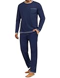 Demegimi Schlafanzüge für Herren Lang Baumwolle Warm Pyjama mit Unifarbenem Langarmshirt und Pyjamahose Vater