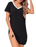 Litherday Nachthemd Damen Kurzarm Nachtkleid Sleepshirt mit Spitze Dessous Baumwolle Nachtwäsche Loose Schlafshirt Kurz für Frauen Schwarz XXL