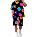 Generisch Herren Baumwolle O-Neck Kurzarm T-shirt Sommershort Zweiteiliges Set Sommer Freizeithemd Freizeitshort mit Blumenmuster Lässig Sportanzug Baggy Freizeitanzug Strandanzug Loungewear