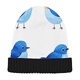 Niedliche Beanie-Mütze für Erwachsene, warme Wintermütze mit Bündchen, Motiv: Blauvögel, Weiß