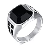 Herren-Siegelring aus Edelstahl, schwarzes Kreuz, für Herren, schwarzer quadratischer Edelstein, Bikerband, Angstring für Herren, Punk, Motorradring, Schmuck, Größe 7–12, Edelstahl, Kein Edelstein