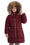 maoo Garten Mädchen Wintermantel Faux-Daunen Schwergewicht Schnee Parka Fuzzy-Pelz-Futter Kapuze Wasserdicht lange Jacke Wein 12Y