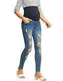 Maacie Umstandshosen Schmal geschnittene Silhouette Damen Jeans Hoch dehnbarer Bund Ripped Denim Blau M