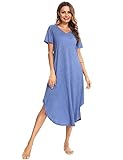 Nieery Nachthemd Damen Lang Baumwolle V-Ausschnitt Sommer Große Größen Kurze Ärmel Lose Schlafshirt Nachtkleid Lässig Nachtwäsche mit Taschen S-3XL