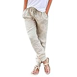 Leinenhose Sommerhose Damen Leicht Sommer Stoffhose Freizeithose Strandhose Einfarbig Locker Bequeme Chino Musselin Hose,# Khaki,L