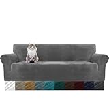 MAXIJIN Dicker Samt Extra große Sofabezüge 4-Sitzer Super Stretch Rutschfester übergroßer Sofabezug für Hunde Cat Pet 1-teiliger XL-Sofabezug elastischer Möbelschutz (4 Sitzer, Grau)